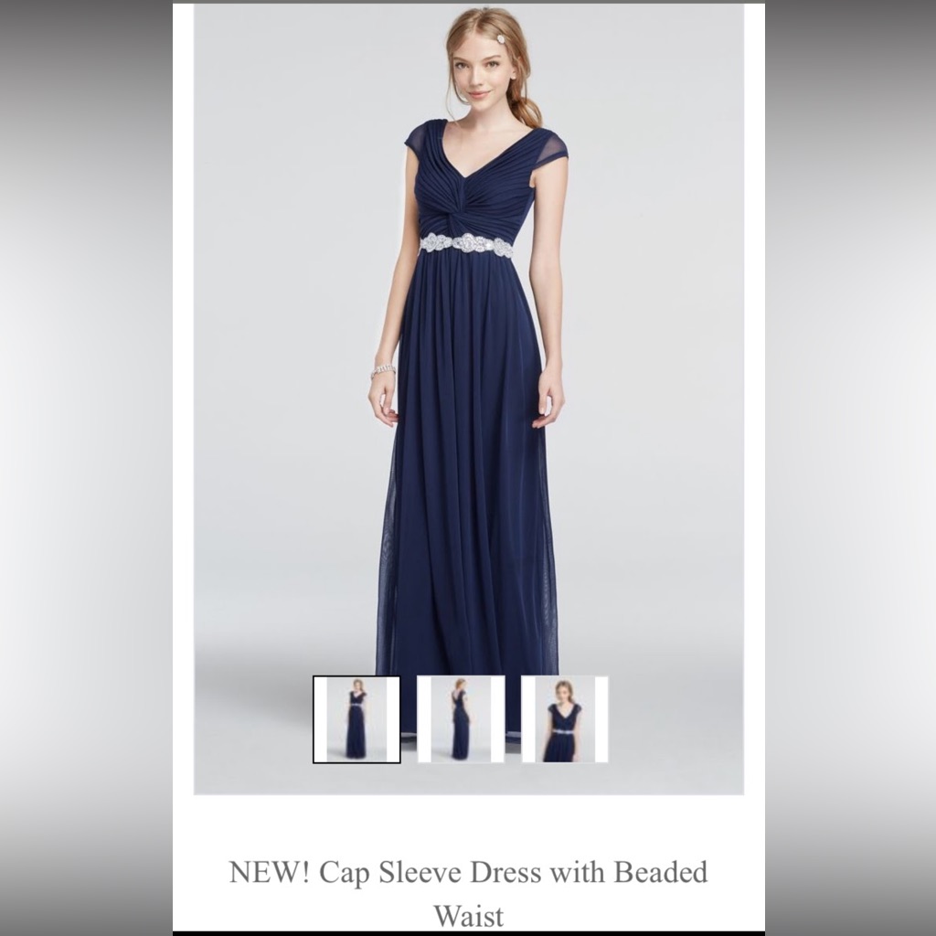 David’s Bridal Navy Blue Beaded Waist Twist Front Prom Dress